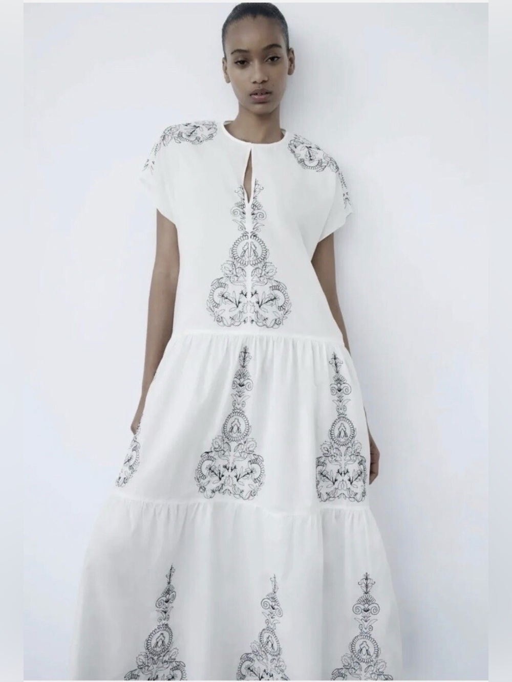Zara White Embroidered Tiered Maxi Dress Sz XL - Picture 3 of 9